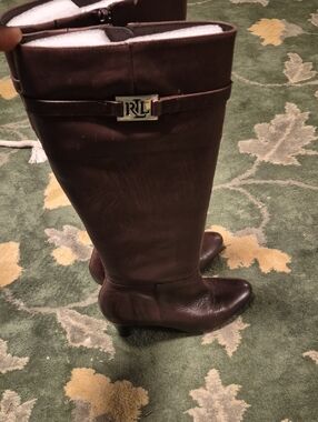 Ralph Lauren Dark Brown Leather Knee Boots with RL Buckle